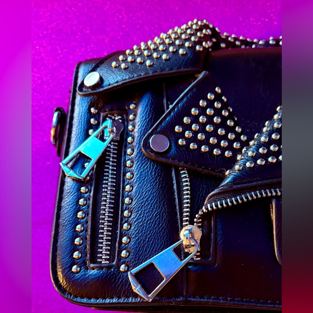 Motorcycle Jacket Inspired Studded Black Leather Crossbody or Clutch Bag NWWT - Picture 8 of 16